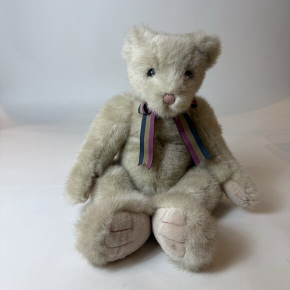 RARE TY Classic Teddy Bear Light Gray Brown with Maroon Navy Striped‎ Bow - Picture 4 of 10